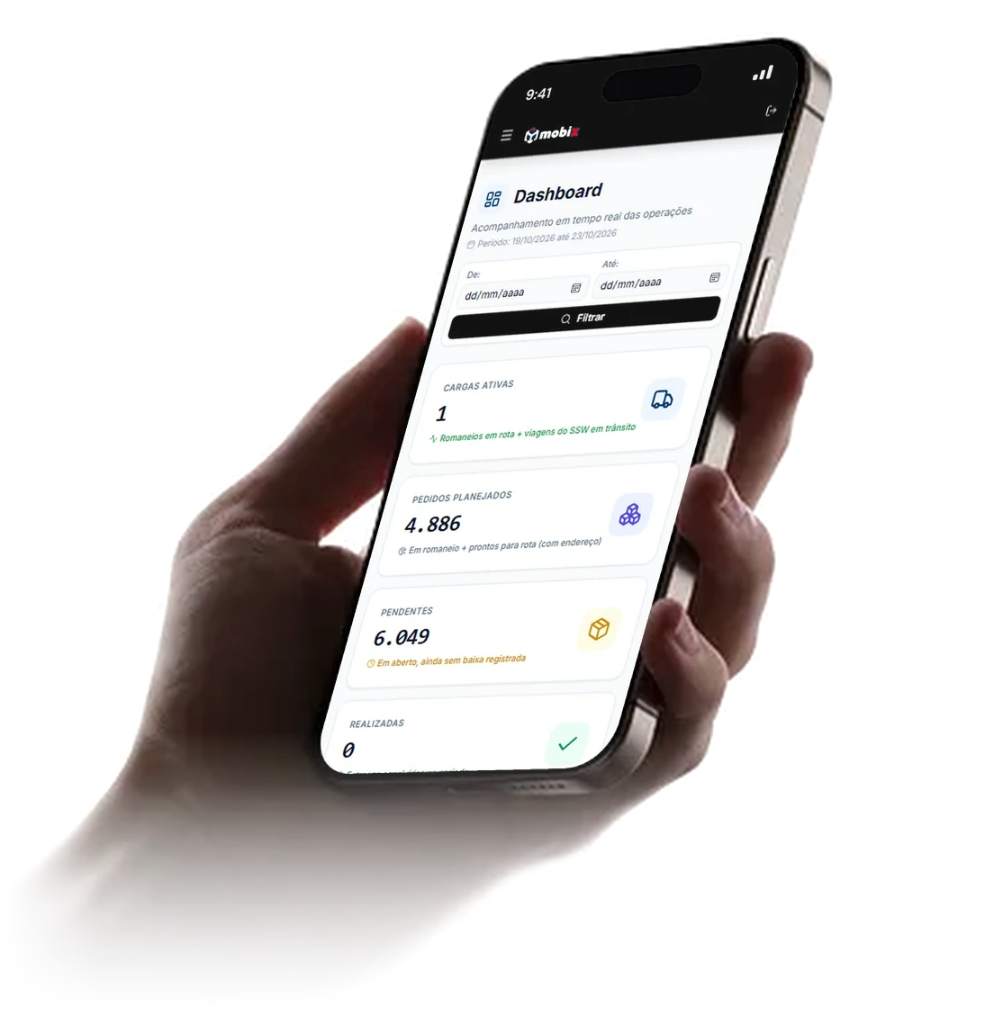 Mão segurando um celular com o painel de operações do Mobix